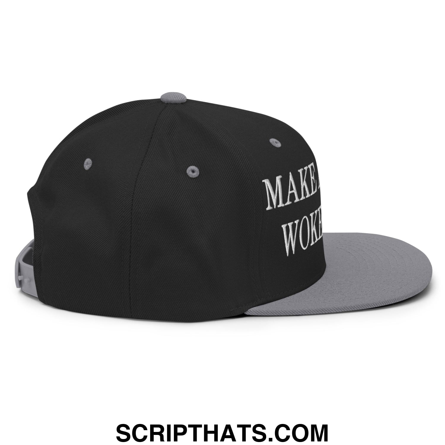 Black and gray snapback cap with white embroidered make woke text on the side from make america woke again collection