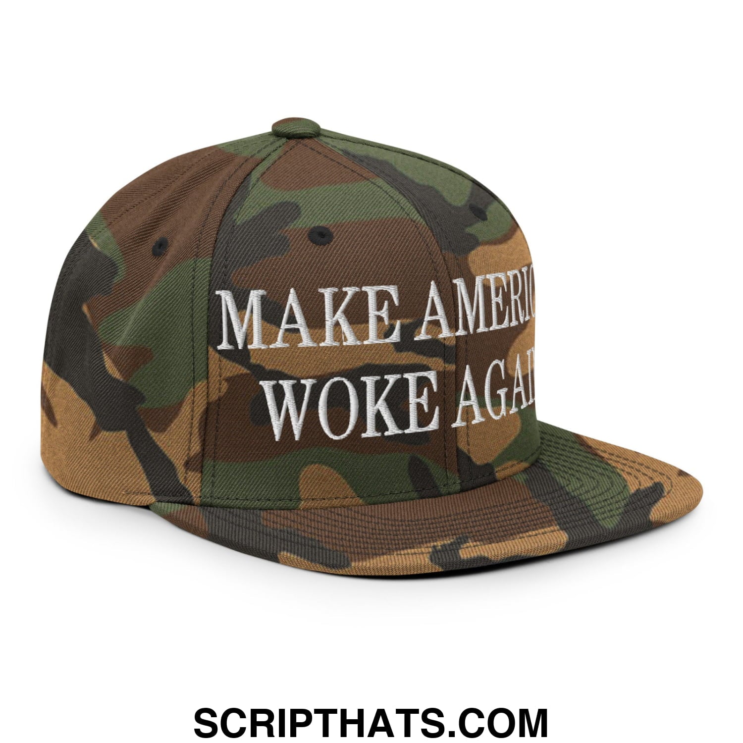 Camouflage snapback hat with flat bill brim and white embroidered make America woke again text on front