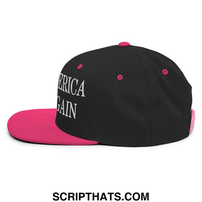 Black and pink snapback cap with america again embroidered in white script flat bill brim made for casual wear