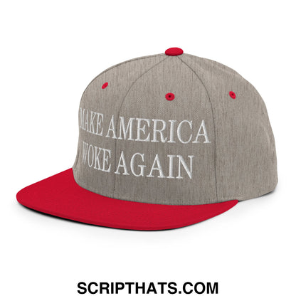 Gray and red flat bill brim snapback hat with white embroidered make America woke again text