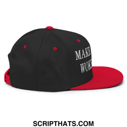 Black and red snapback hat with white make woke embroidered text on the side flat bill brim design