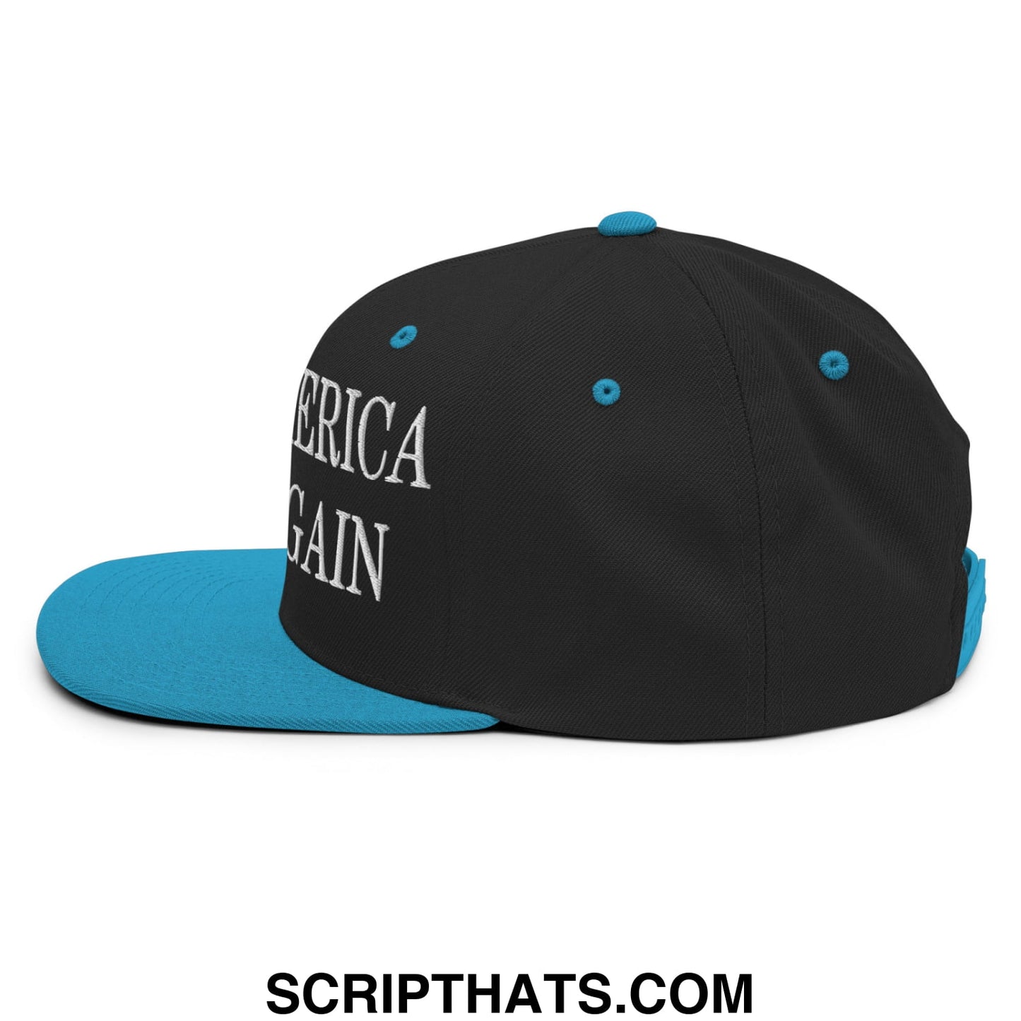 Black and teal snapback cap with white america again embroidered script flat bill brim for everyday wear