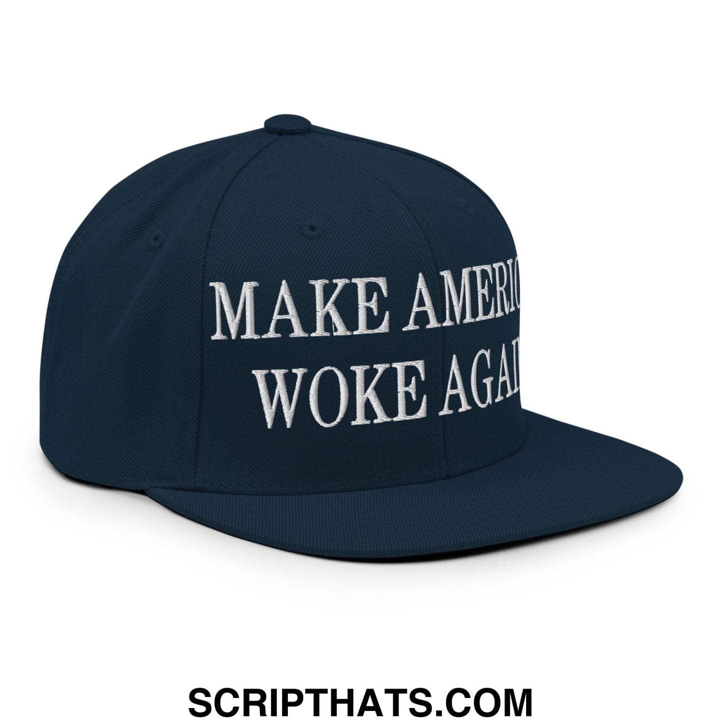 Navy blue snapback hat with flat bill brim embroidered with white text make america woke again