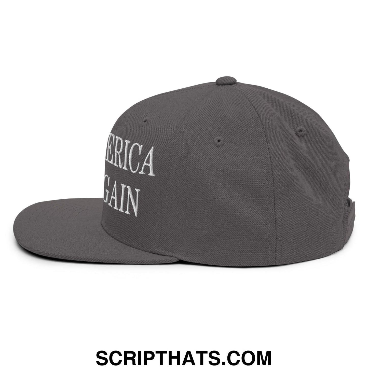 Dark gray snapback cap with america again embroidered in white script featuring a flat bill brim design