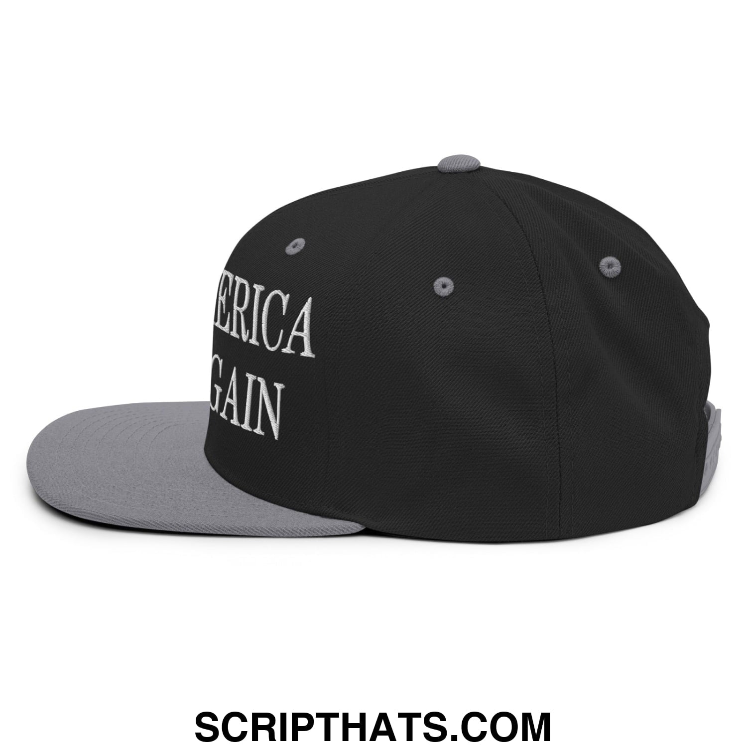 Black and gray snapback cap with america again embroidered in white script on flat bill brim for casual wear