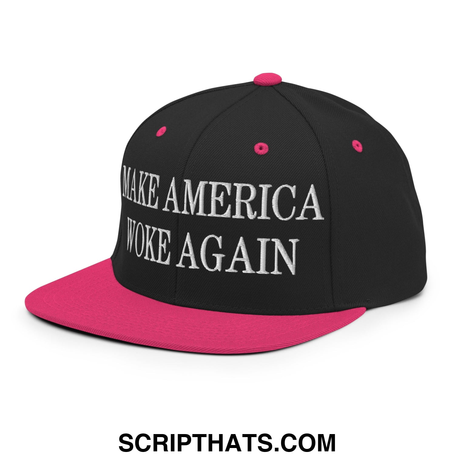 Black snapback cap with vibrant pink brim and button featuring white embroidered make america woke again text