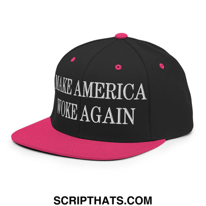 Black snapback cap with vibrant pink brim and button featuring white embroidered make america woke again text