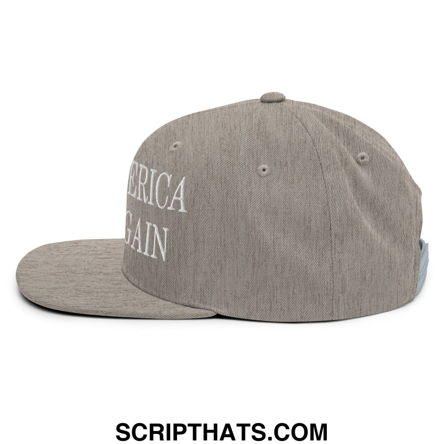 Gray heathered snapback cap with white embroidered america again text and flat bill brim for casual wear