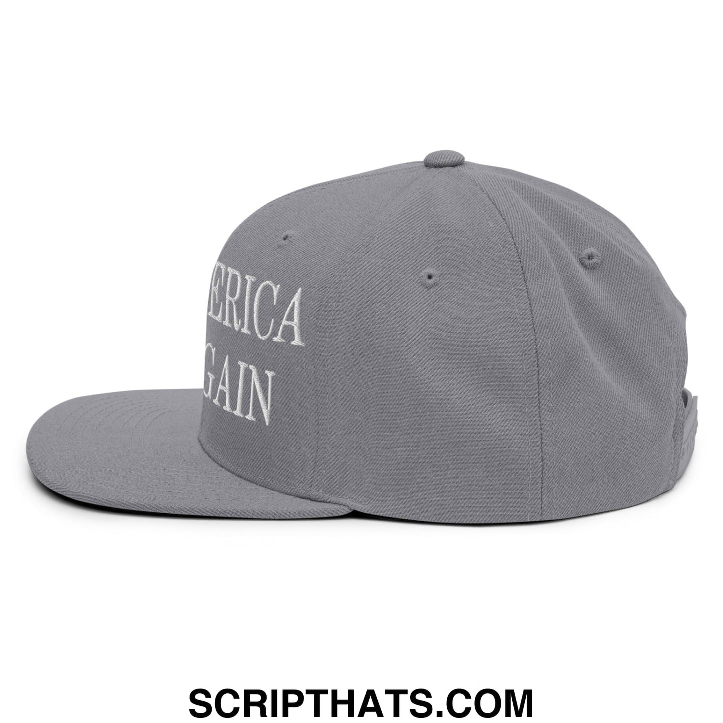 Gray snapback cap with america again embroidered in white script from the make america woke again flat bill hat collection