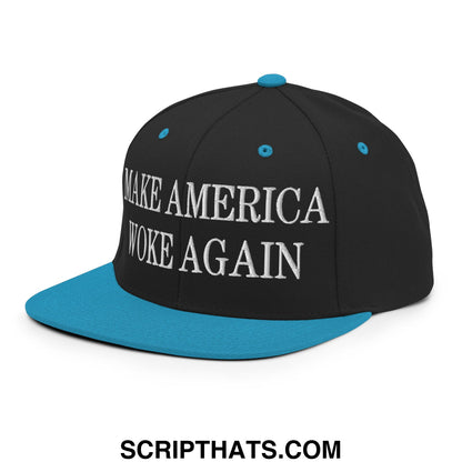Black snapback cap with teal brim and button featuring white embroidered make america woke again text
