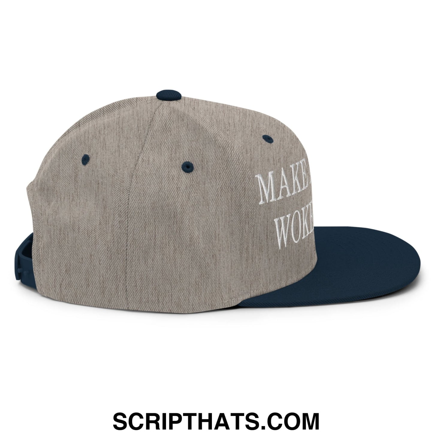 A heather gray snapback hat with a navy blue brim and white embroidered make america woke again text on the side