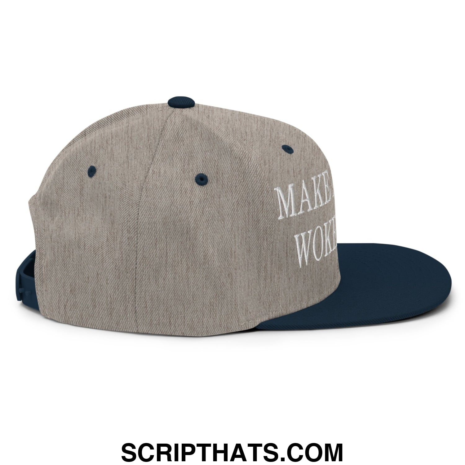 A heather gray snapback hat with a navy blue brim and white embroidered make america woke again text on the side