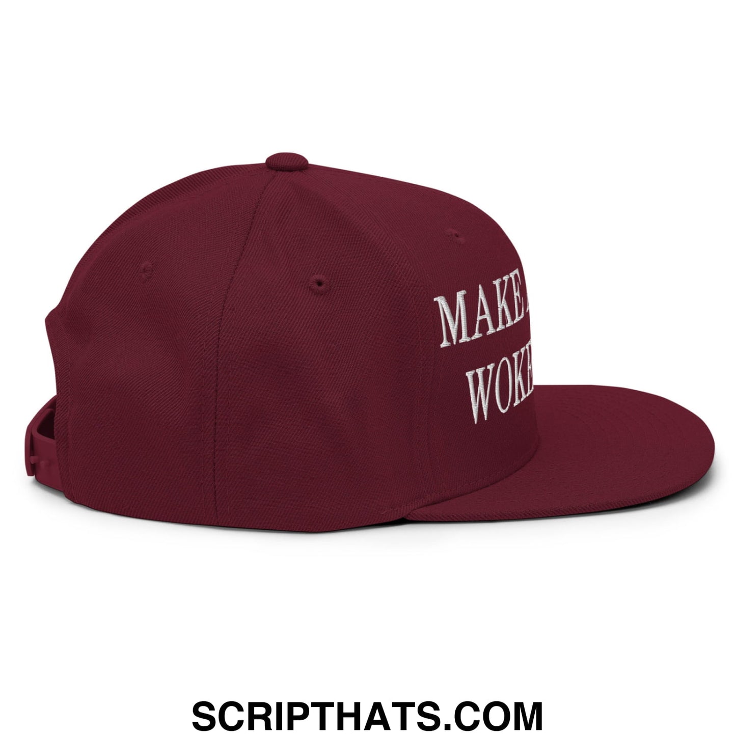 Maroon flat bill brim snapback hat with white embroidered make woke text on the side from Make America Woke Again collection
