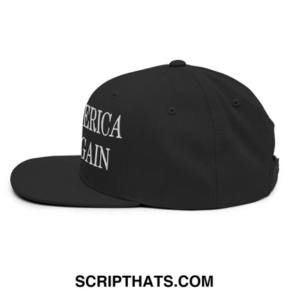 Black snapback hat with flat bill brim featuring white embroidered america again text for casual wear