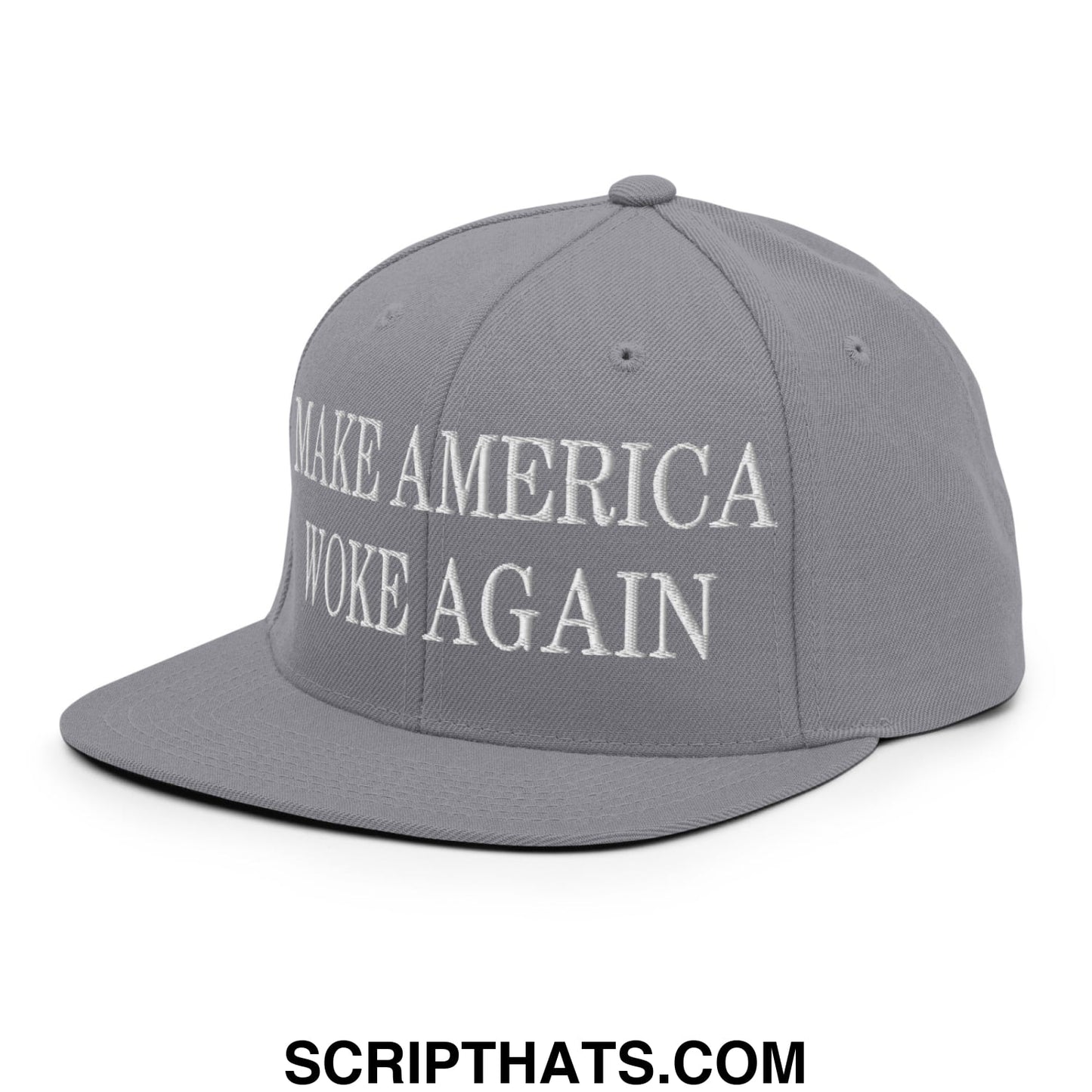 Gray snapback cap with white embroidered make america woke again text and flat bill brim for casual wear