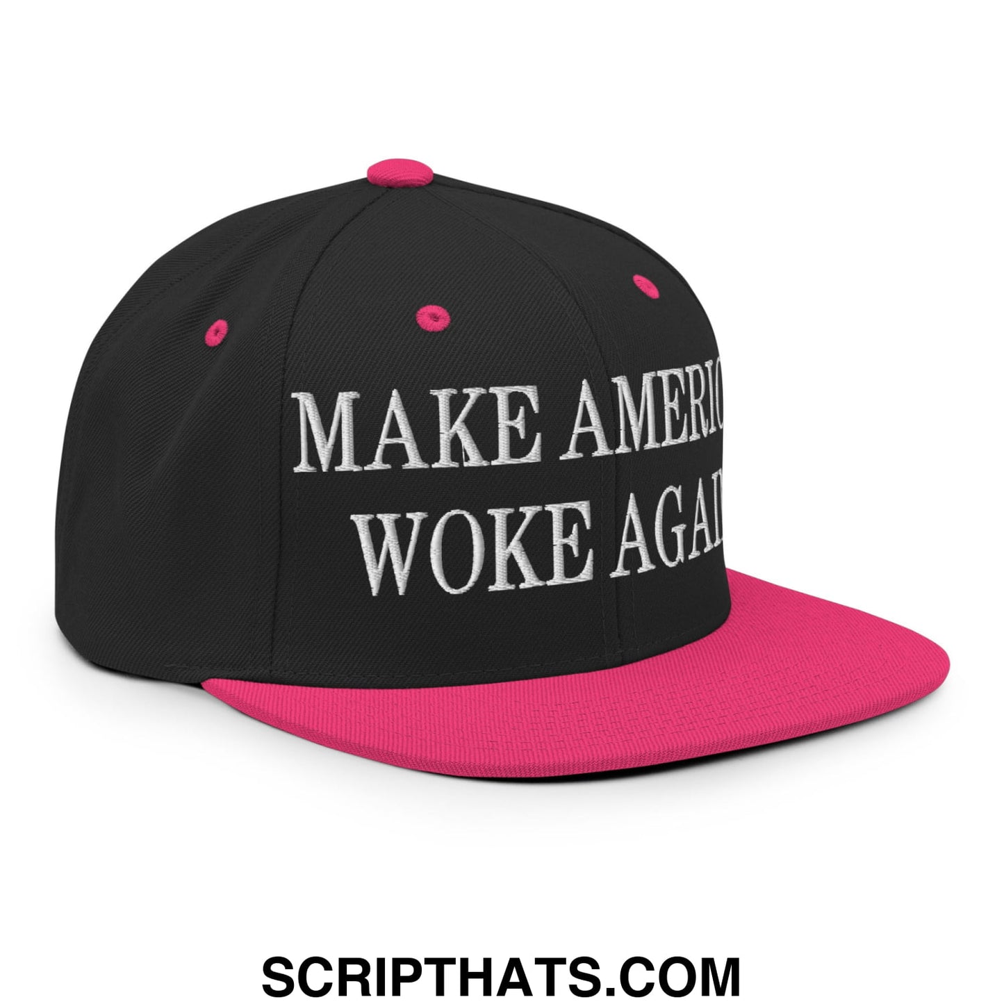 Black snapback cap with vibrant pink brim and button featuring white embroidered make america woke again text
