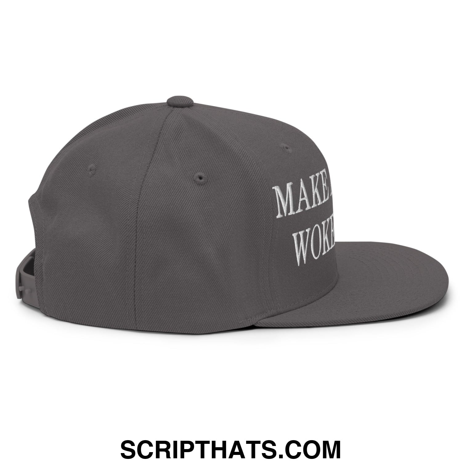 Dark gray snapback hat with white embroidered make woke text on the side flat bill brim for casual wear