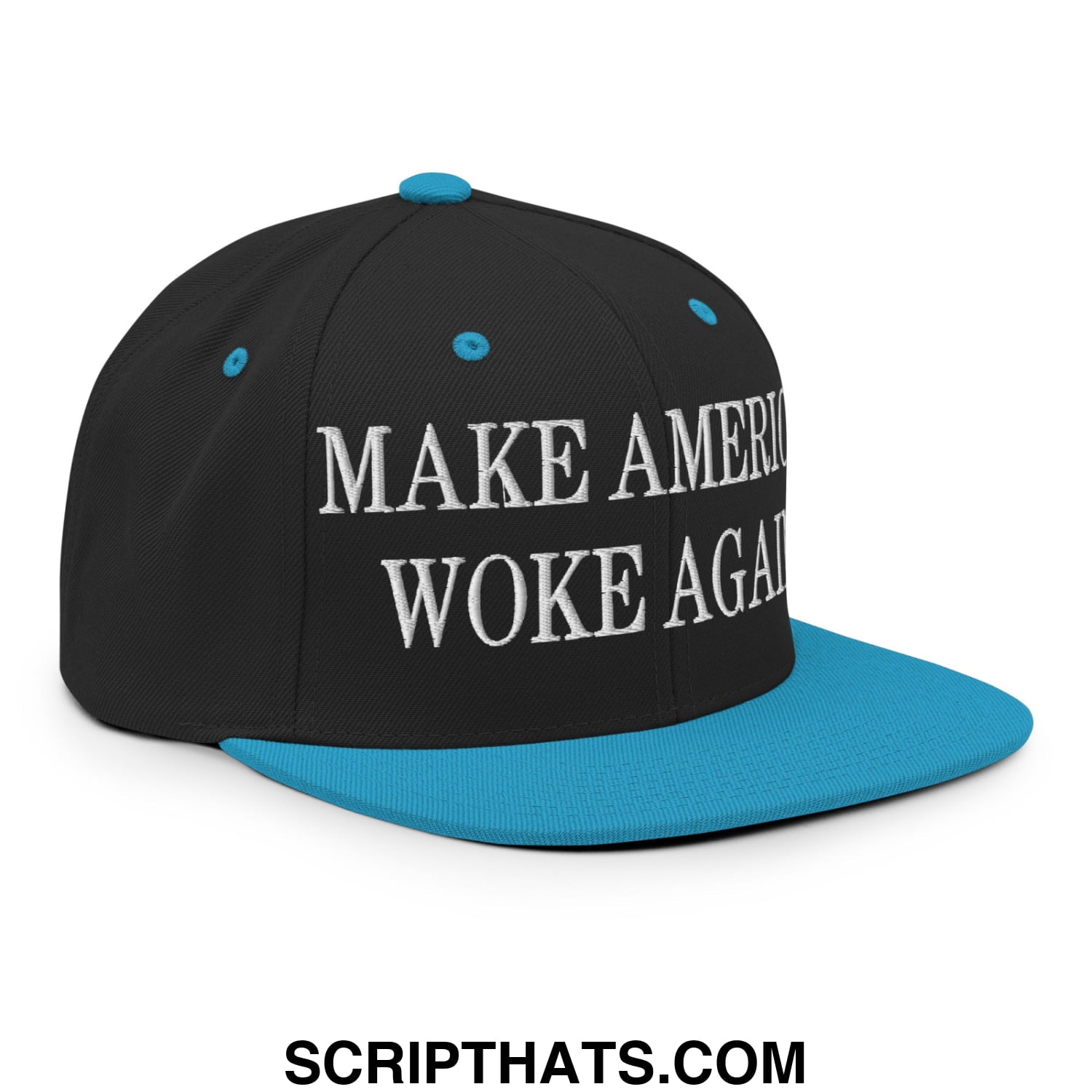 Black snapback cap with teal brim and button featuring white embroidered make america woke again text