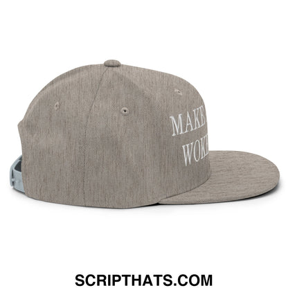Gray heathered snapback cap with white embroidered make wok text on the side from make america woke again collection
