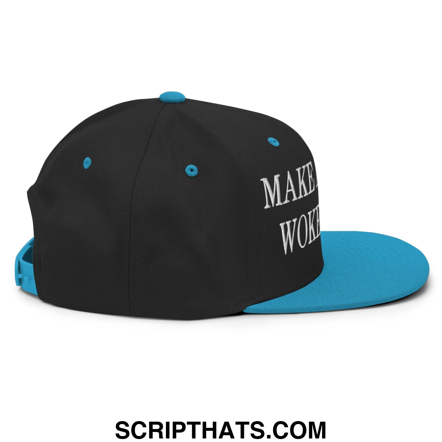 Black and teal snapback hat with white embroidered make woke text on the side from make america woke again series