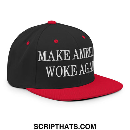 Black and red snapback hat with white embroidered make America woke again text and flat bill brim design