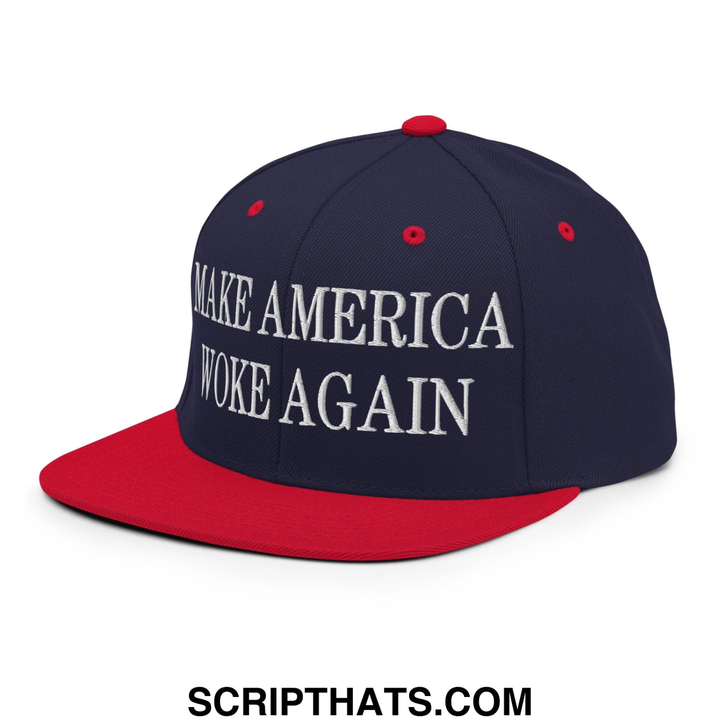 Navy blue and red snapback hat with white embroidered make america woke again text and flat bill brim design