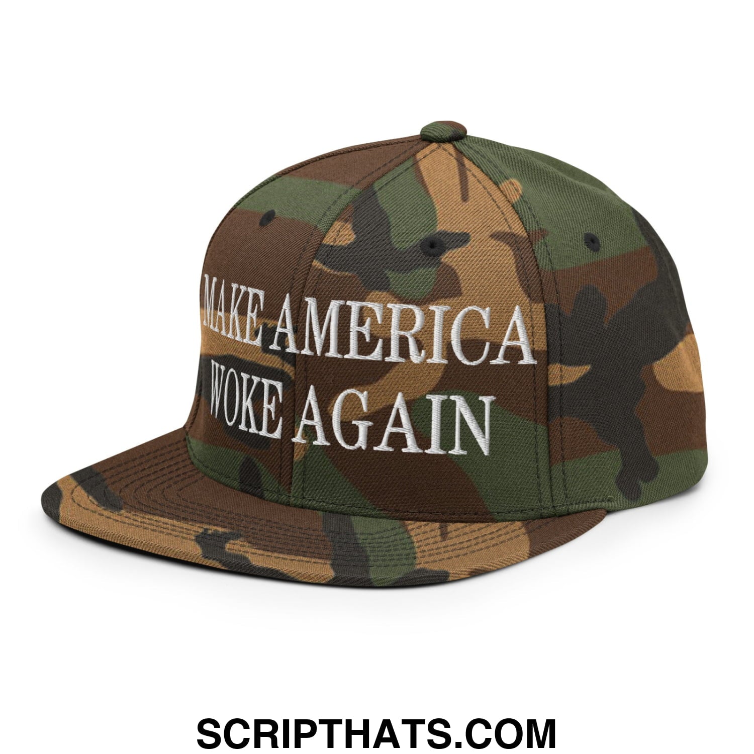 A camouflage snapback hat with white embroidered make america woke again text and a flat bill brim