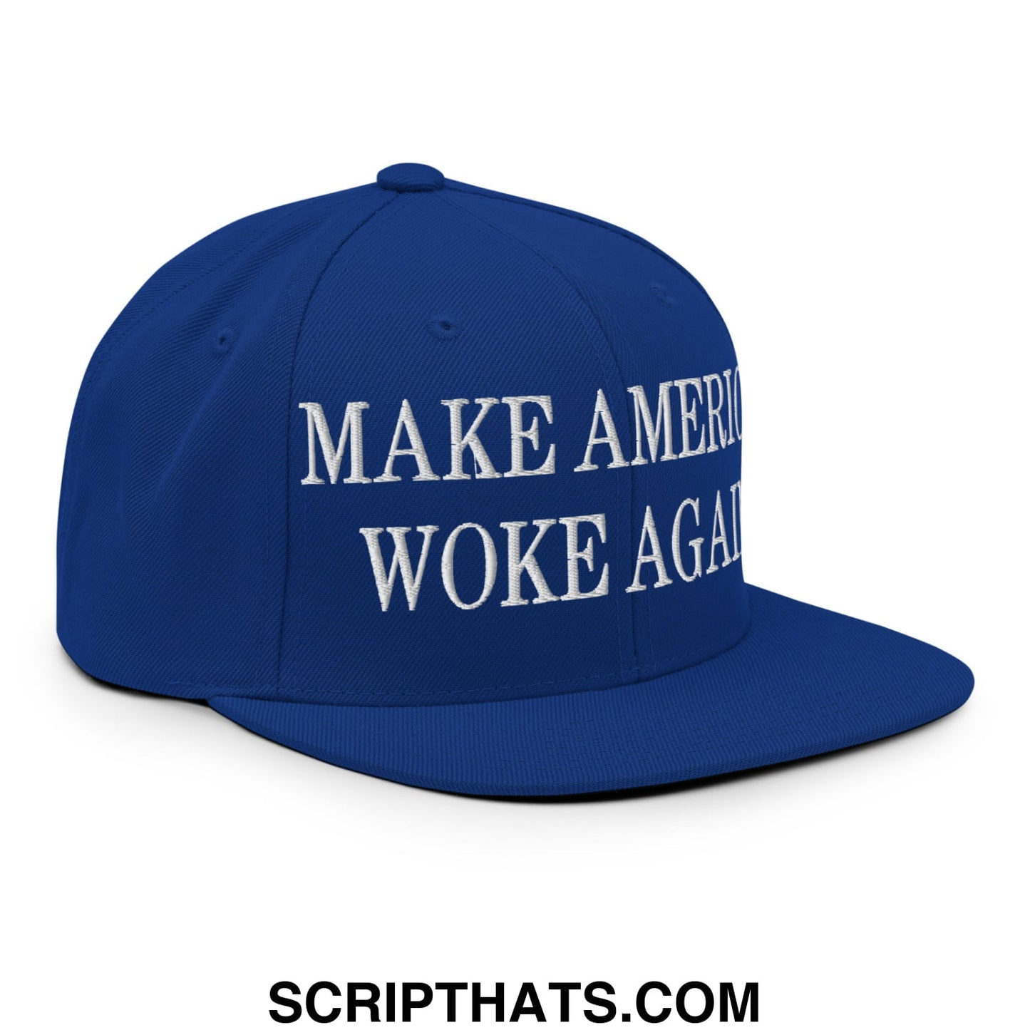 Royal blue flat bill snapback hat with white embroidered make America woke again text in a woke themed design