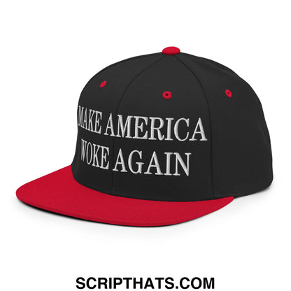 Black and red snapback hat with white embroidered make america woke again text on front and flat bill brim