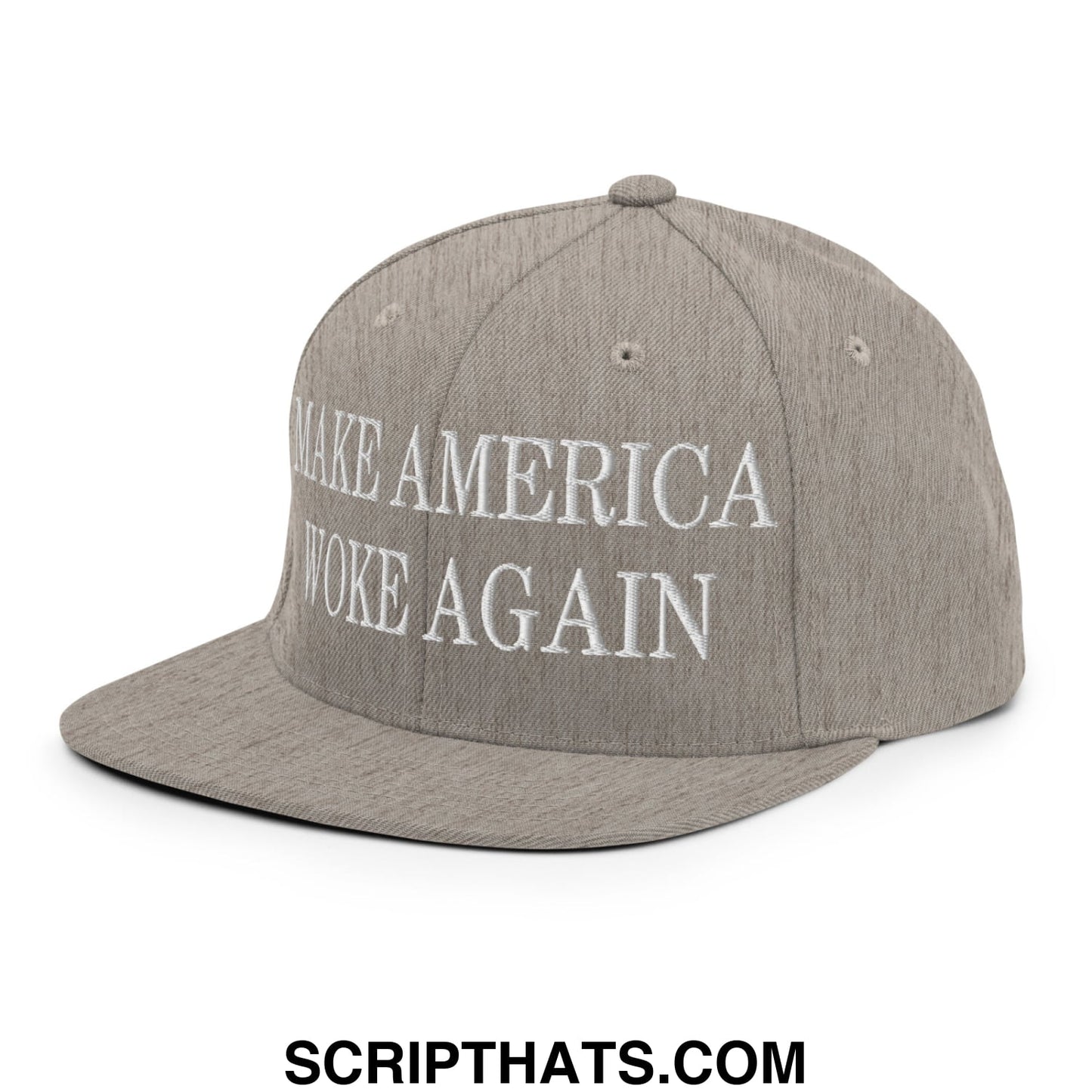 Gray flat bill brim snapback hat with white embroidered make America woke again text on the front