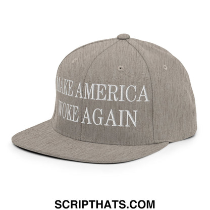 Gray flat bill brim snapback hat with white embroidered make America woke again text on the front
