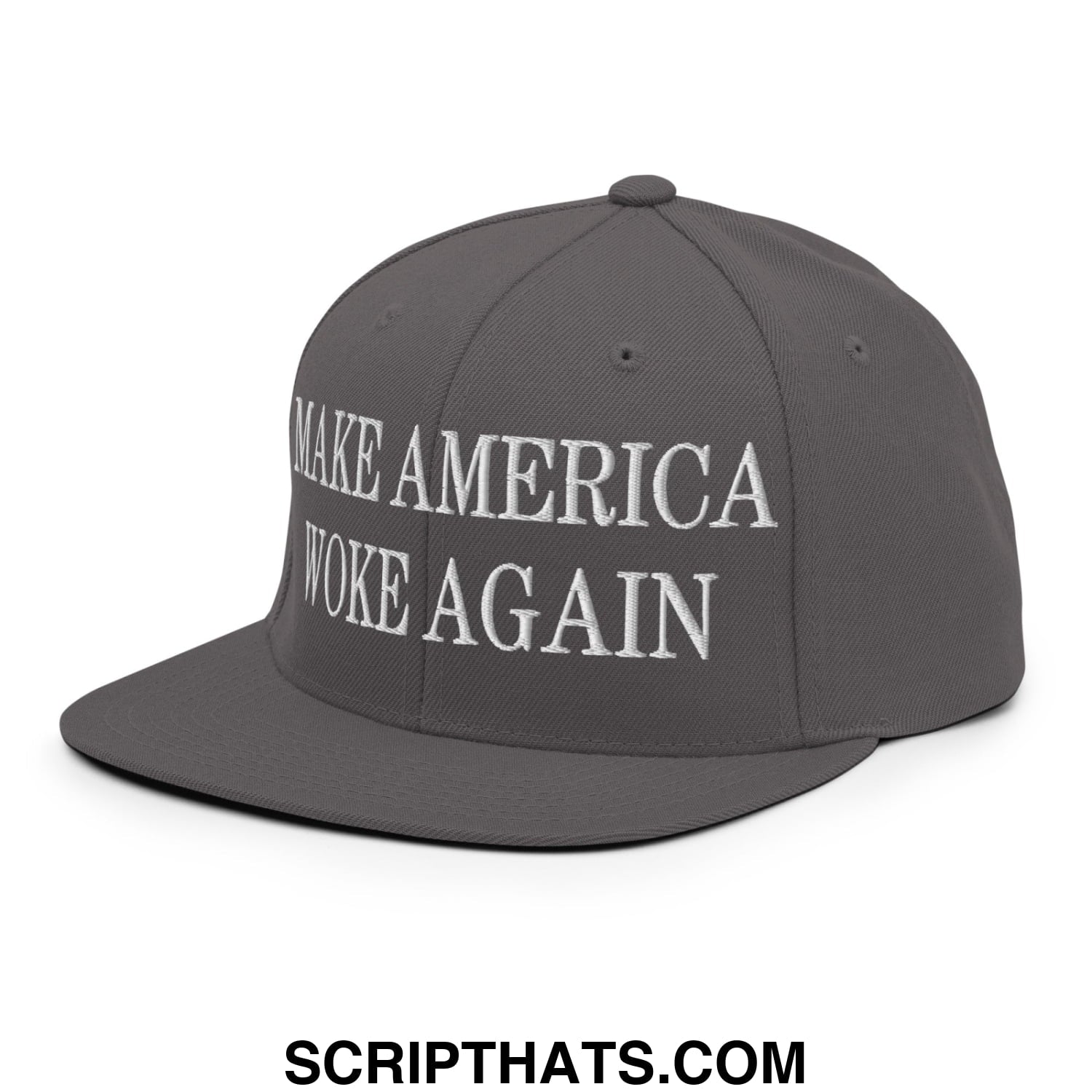 Gray snapback cap with white embroidered make america woke again text and flat bill brim for casual wear