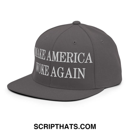 Gray snapback cap with white embroidered make america woke again text and flat bill brim for casual wear