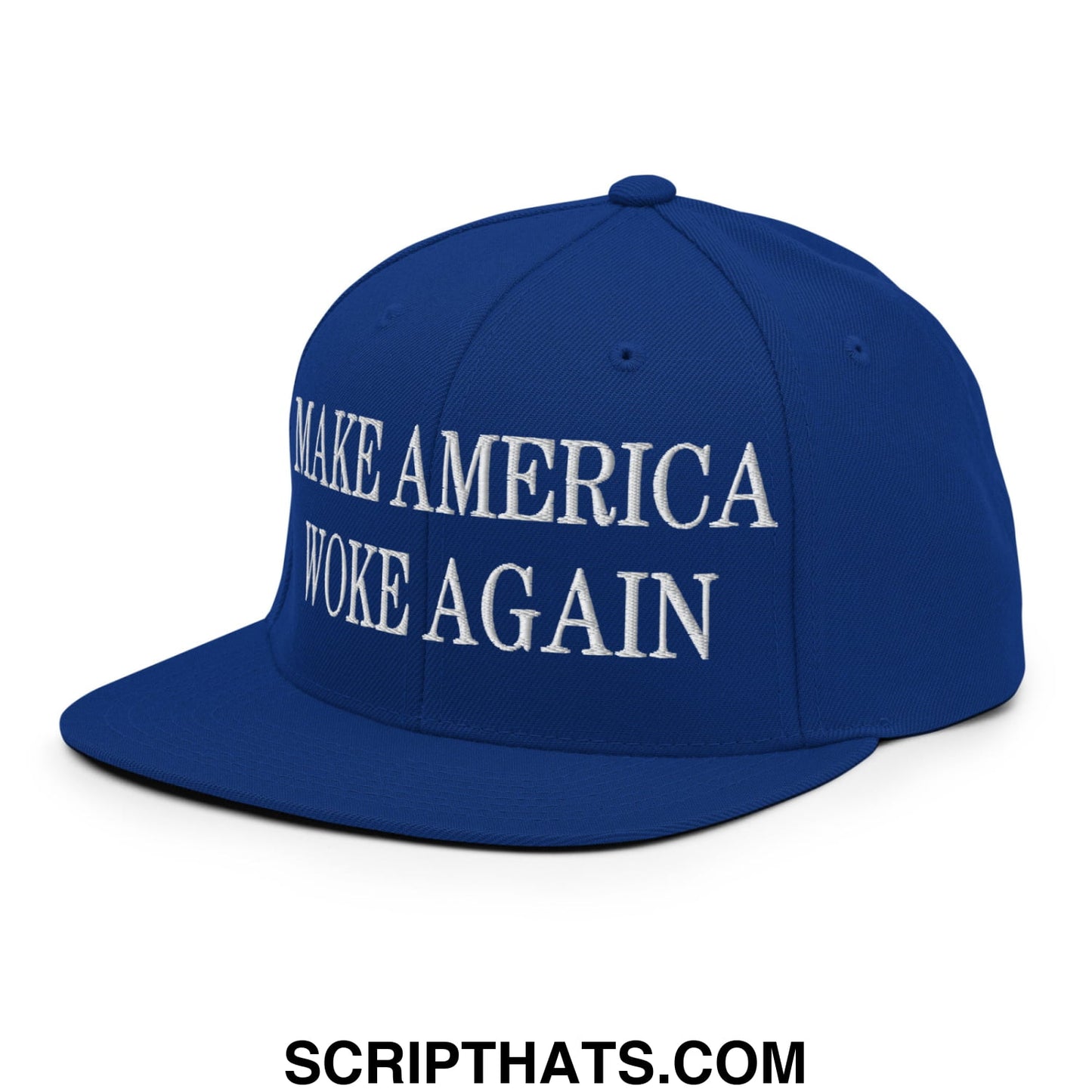 Royal blue snapback hat with white embroidered make america woke again text and flat bill brim design