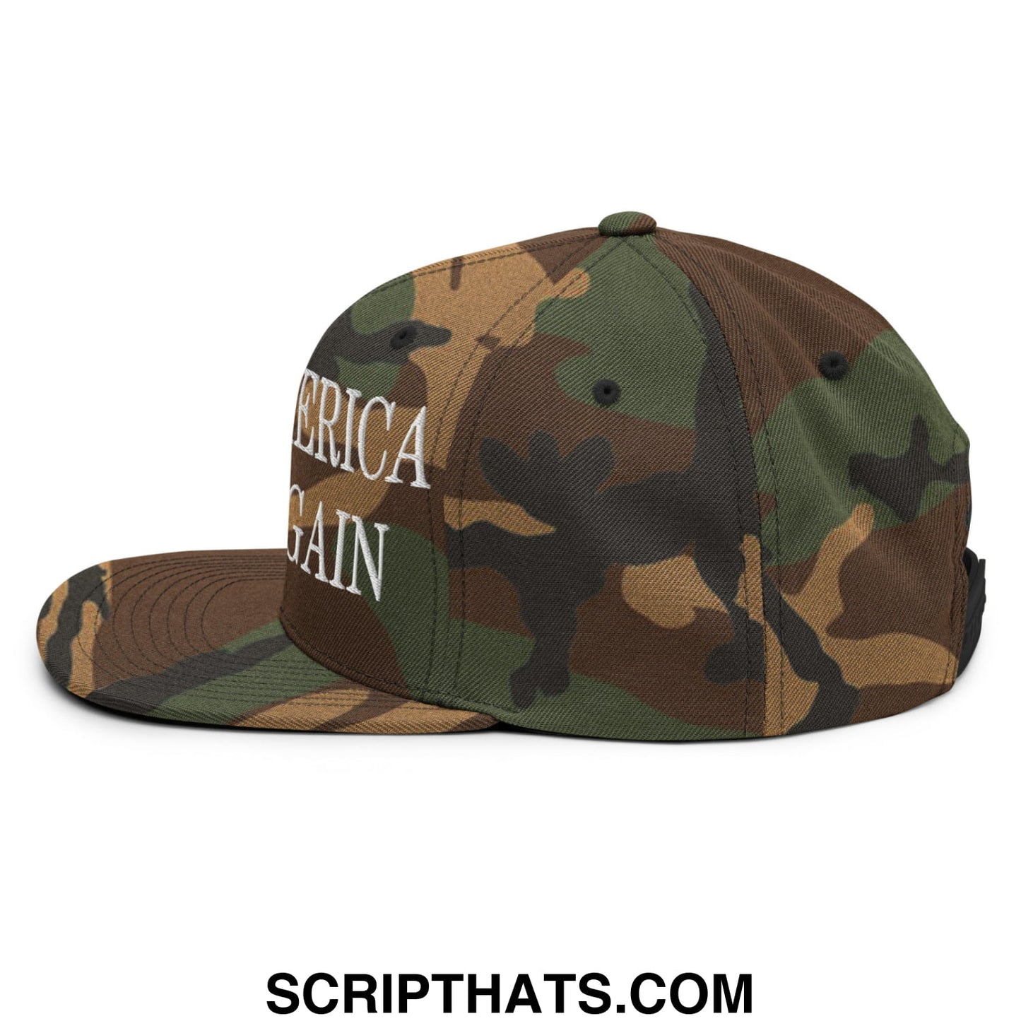 Make america woke again flat brim snapback hat with camouflage pattern and white embroidered america again lettering