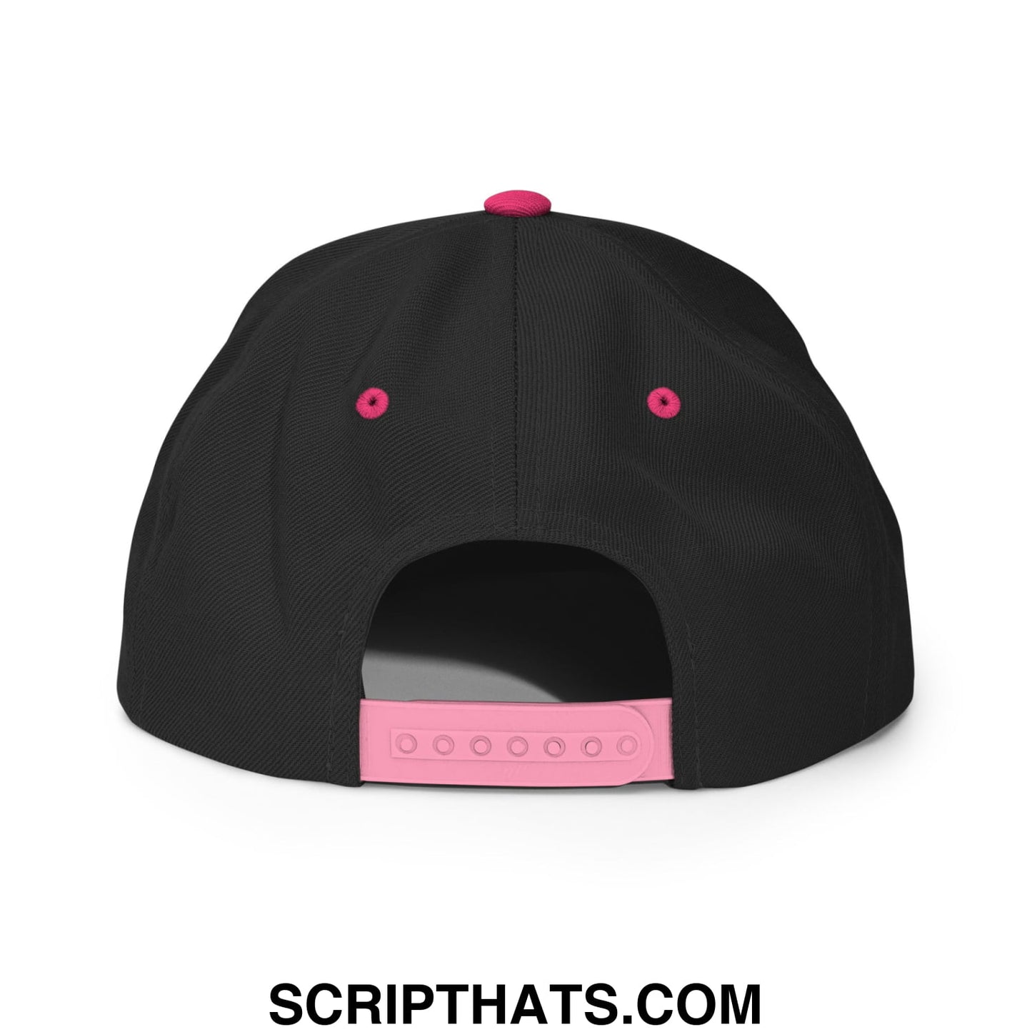 Black snapback cap with pink fabric accents on button eyelets and adjustable strap embroidered with make america woke again