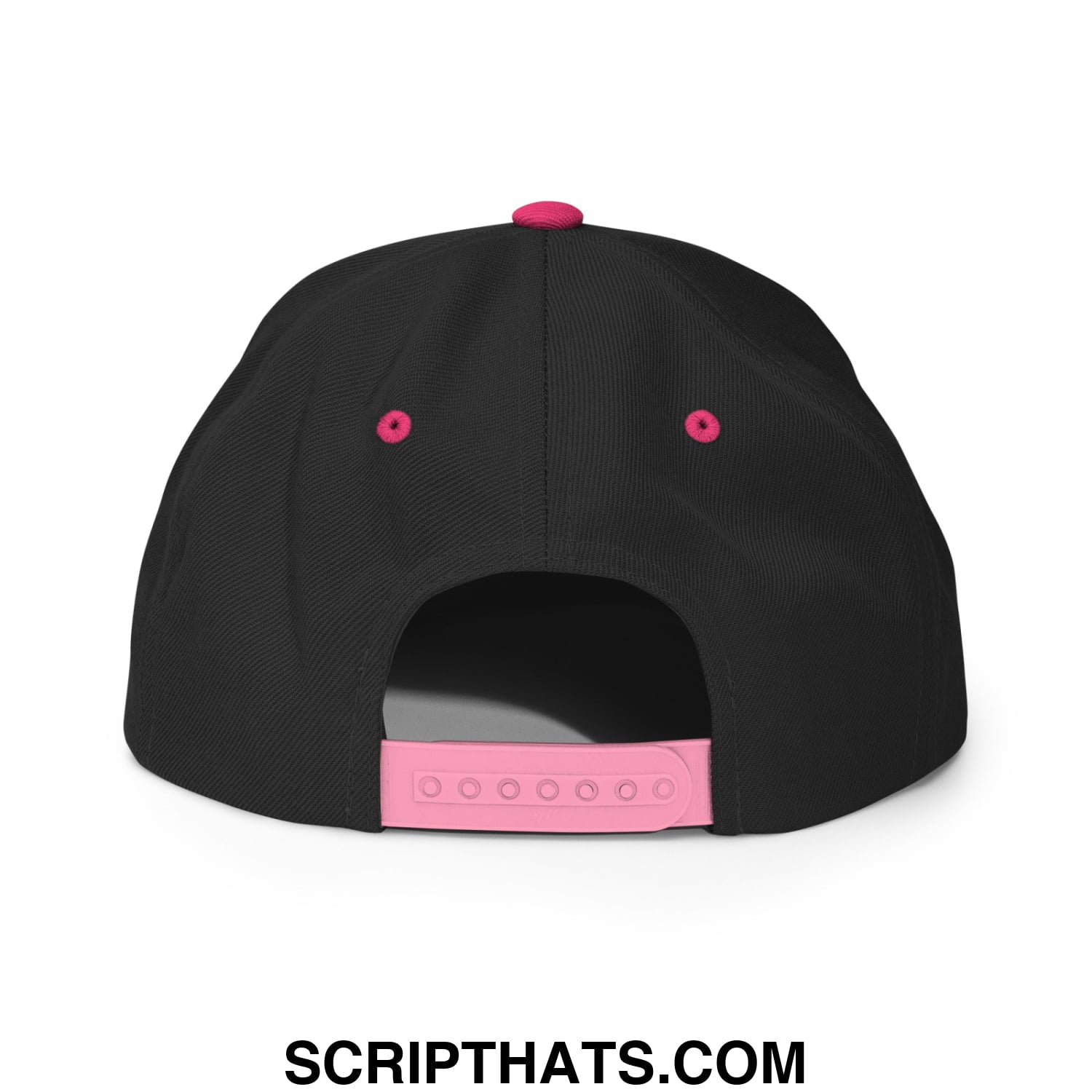 Black snapback cap with pink fabric accents on button eyelets and adjustable strap embroidered with make america woke again