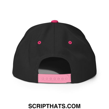 Black snapback cap with pink fabric accents on button eyelets and adjustable strap embroidered with make america woke again