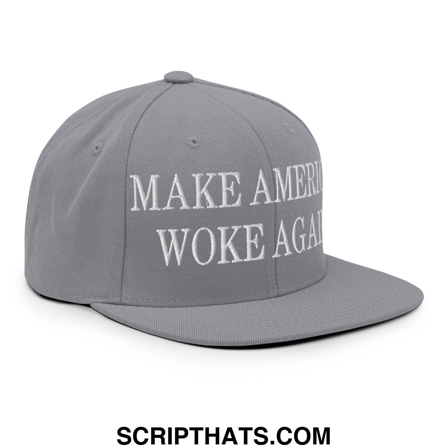 Gray snapback cap with white embroidered make america woke again text and flat bill brim for casual wear