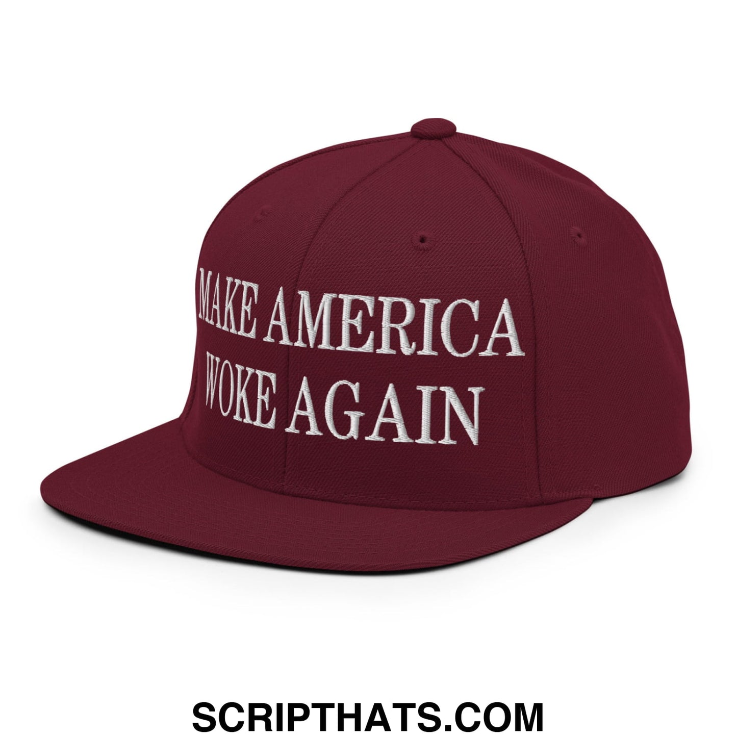 Maroon snapback hat with white embroidered make america woke again text and flat bill brim design