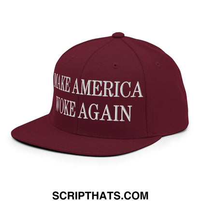 Maroon snapback hat with white embroidered make america woke again text and flat bill brim design
