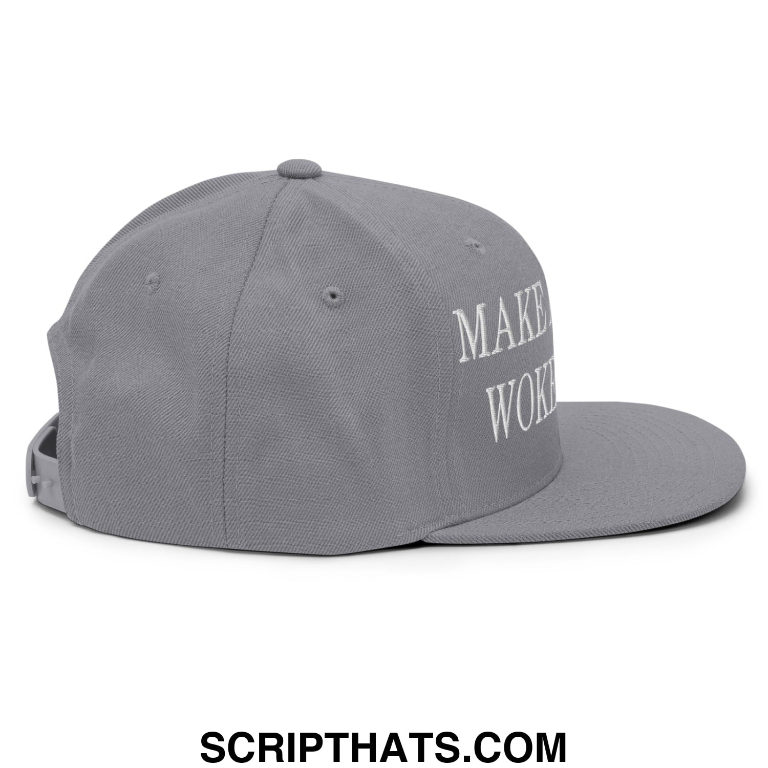 Gray flat bill snapback hat with white embroidered make wok text on the side from make america woke again collection