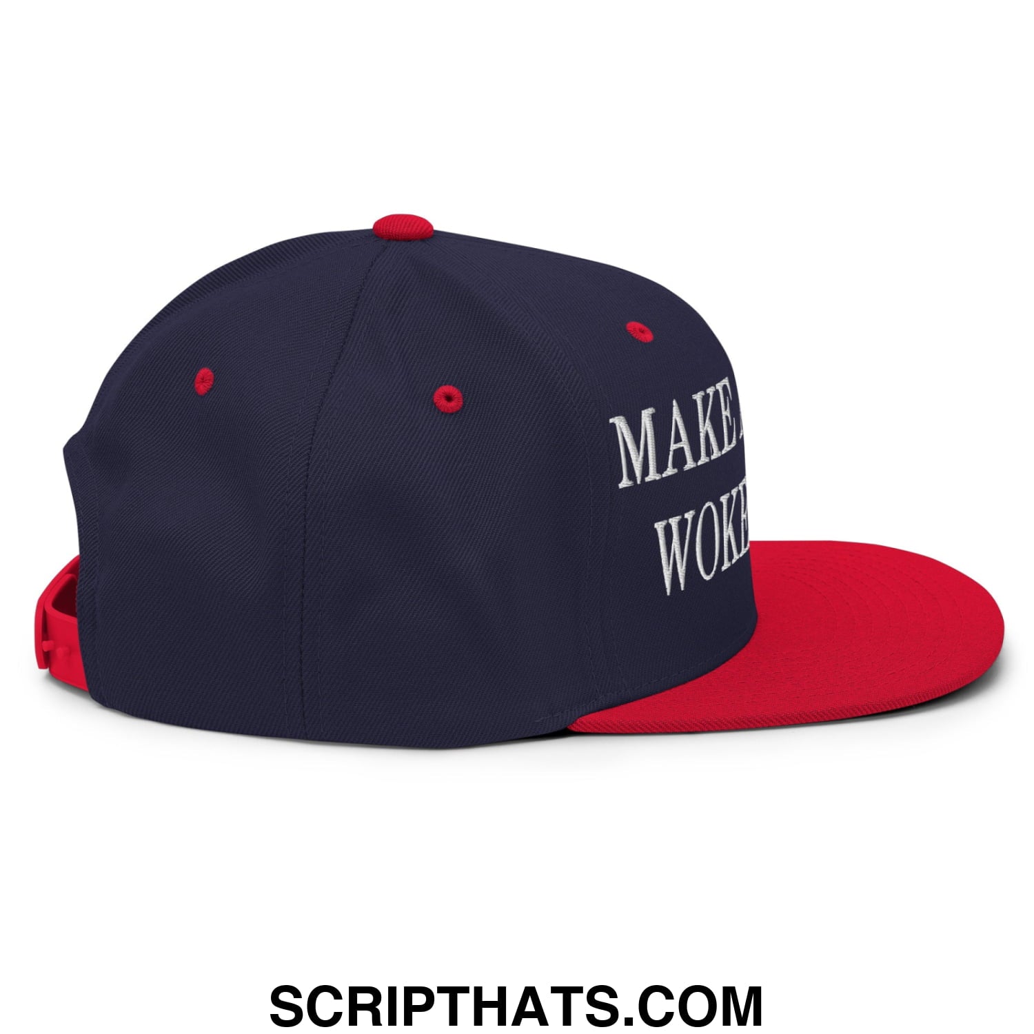 Navy blue and red snapback cap with white embroidered make america woke again text and flat bill brim
