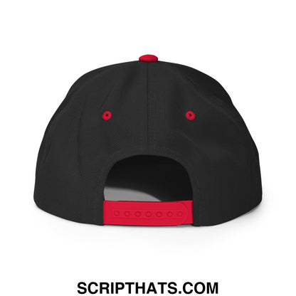 Black snapback cap with red fabric accents on button and adjustable strap in the make america woke again embroidered flat bill brim style