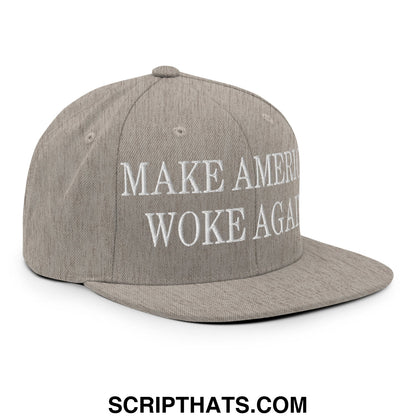 Gray embroidered flat bill brim snapback hat with white text reading make america woke again