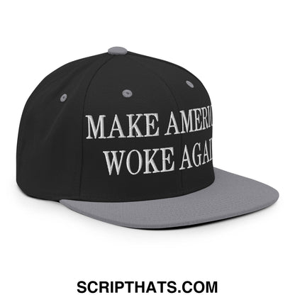 Black and gray snapback cap with white embroidered make america woke again text and flat bill brim design