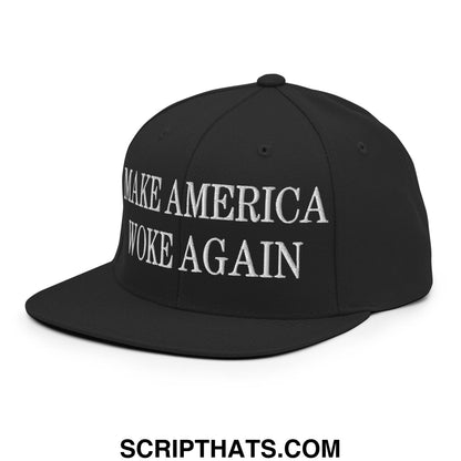 Black snapback cap with white embroidered make america woke again text and flat bill brim for casual wear