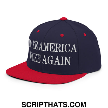 Navy blue and red snapback hat with white embroidered make america woke again text and flat bill brim design