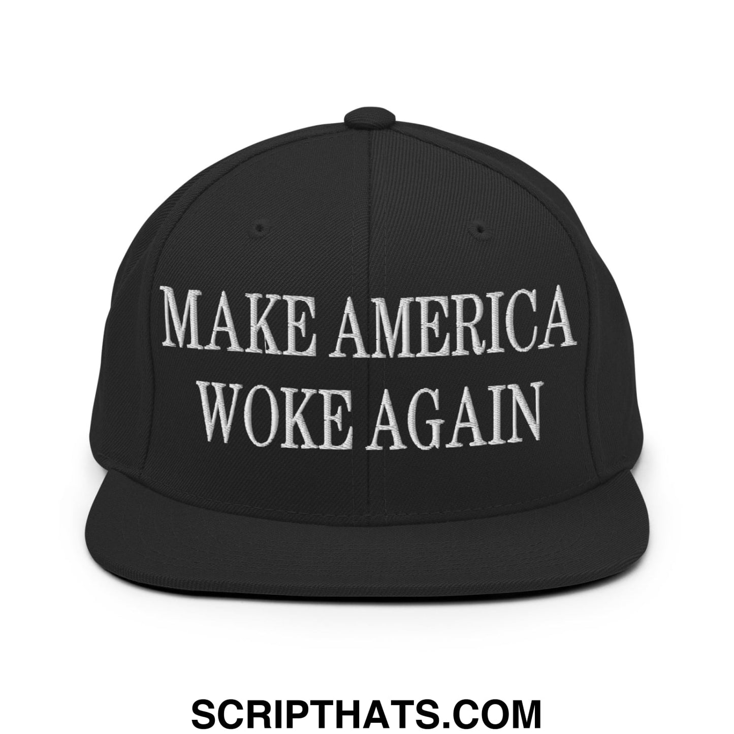 Black snapback cap with white embroidered make america woke again text and flat bill brim design