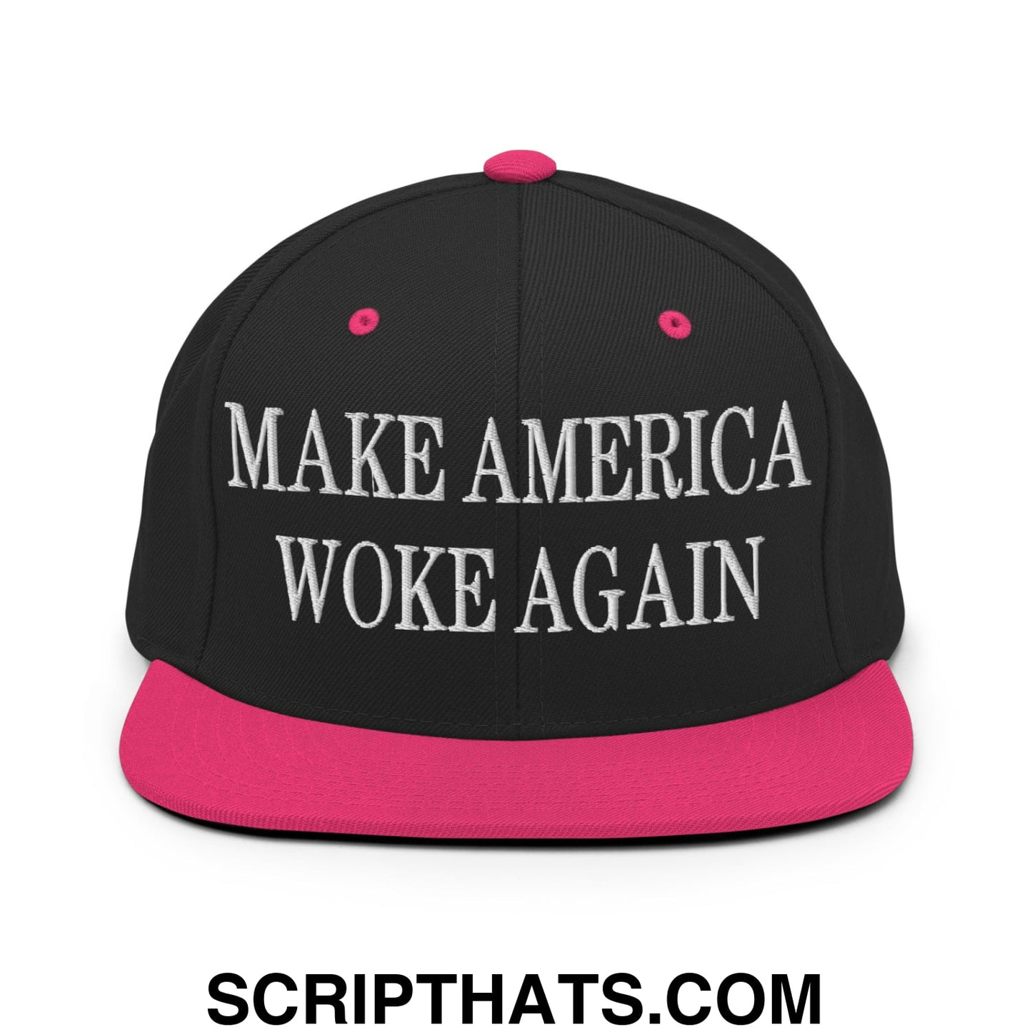Black snapback hat with vibrant pink brim and button featuring white embroidered text make America woke again